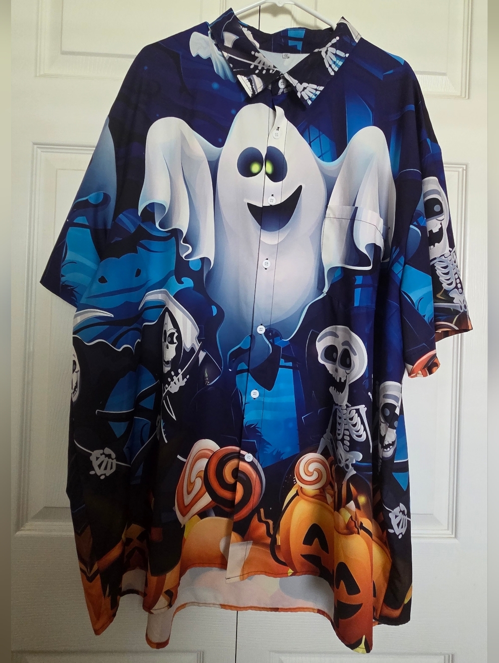Halloween Ghost, Skull & Pumpkin Button-Up Shirt - Blue. RUNS SMALL.